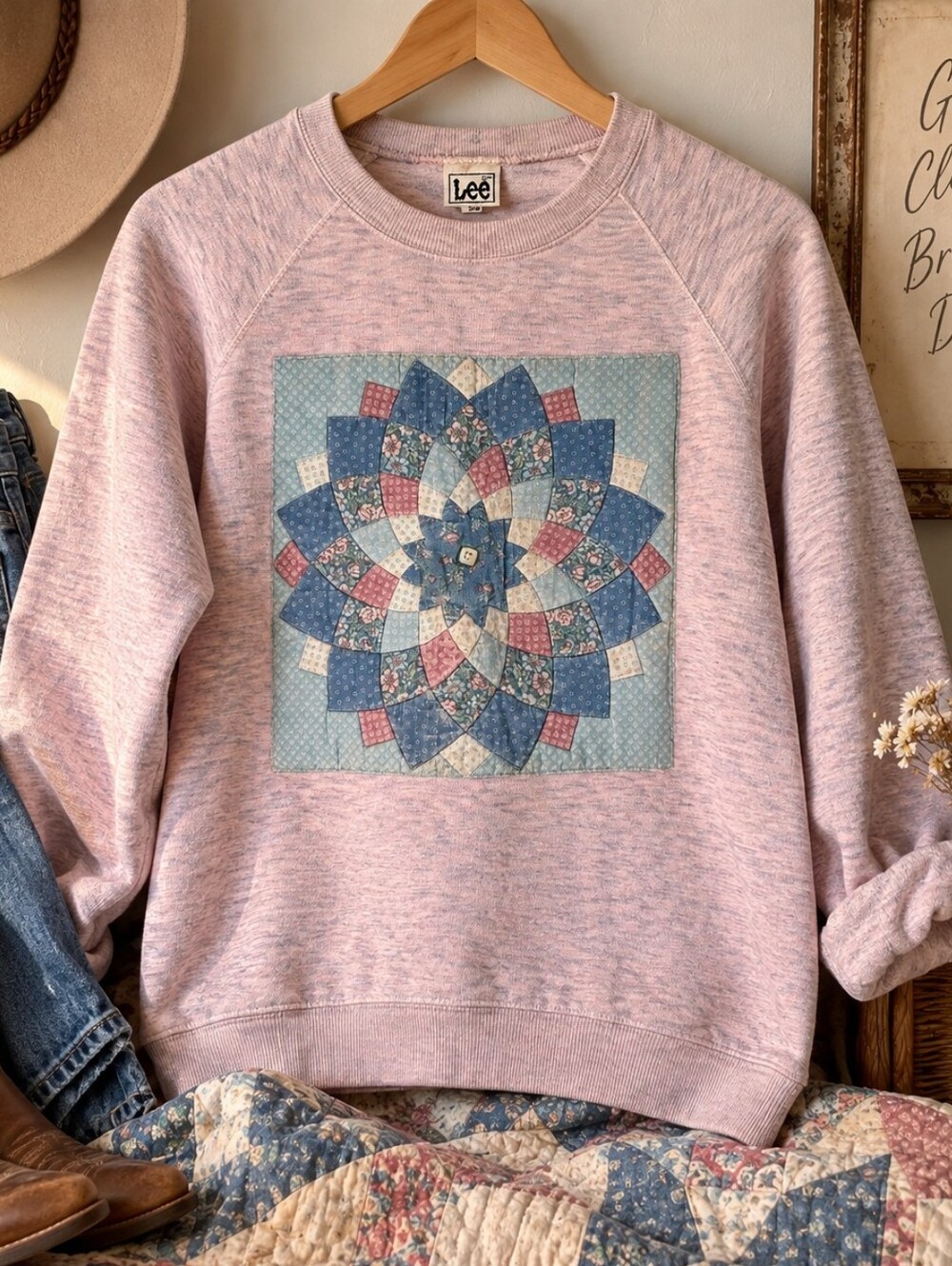 Vintage Lee 24W Pink Quilt Patchwork Sweatshirt Grannycore